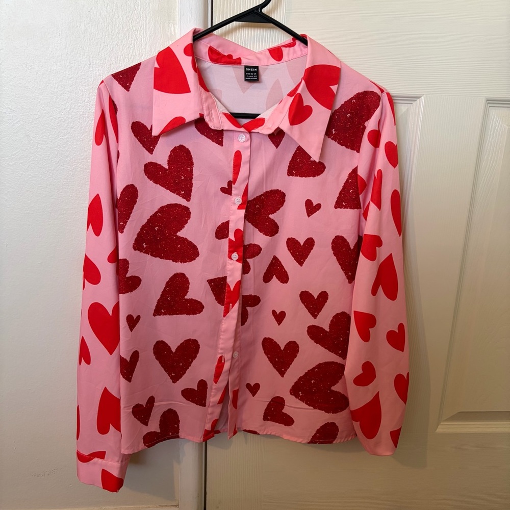 SHEIN Pink Shirt with Red Heart Accents